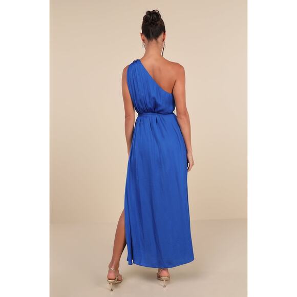NWT Lulus Goddess Aura Cobalt Blue Satin One-Shoulder Maxi Dress Bridesmaid XXL - Picture 4 of 9